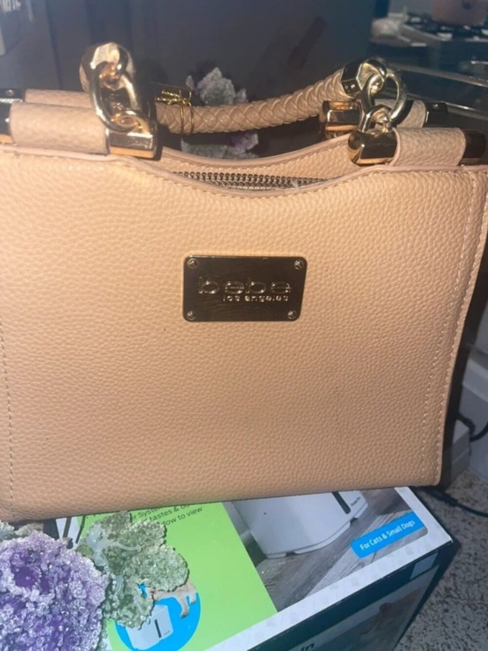 bebe Blush Beige Textured Crossbody Bag with Gold Hardware